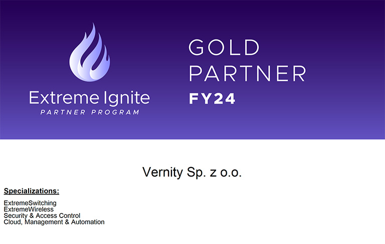 Certyfikat Extreme Networks Gold Partner dla Vernity